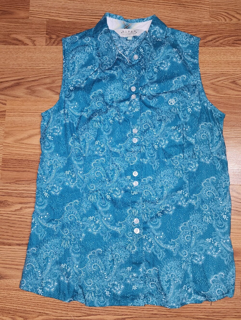 Roper Western Sleeveless Tank Top Women M Blue Paisley Cowgirl 100% Cotton